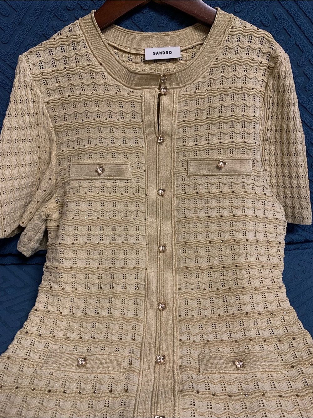 Sandro Pale Yellow Crochet Maxi Dress with Gold Buttons - Picture 2 of 10